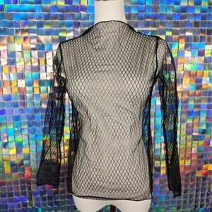 Diamond‎ Mesh Top Women XS Black Long Sleeve Goth Rave Festival Alt Fashion